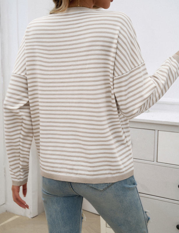 Apricot Striped Crew Neck Drop Shoulder Sweater