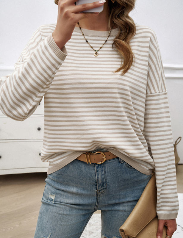 Apricot Striped Crew Neck Drop Shoulder Sweater