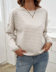Apricot Striped Crew Neck Drop Shoulder Sweater