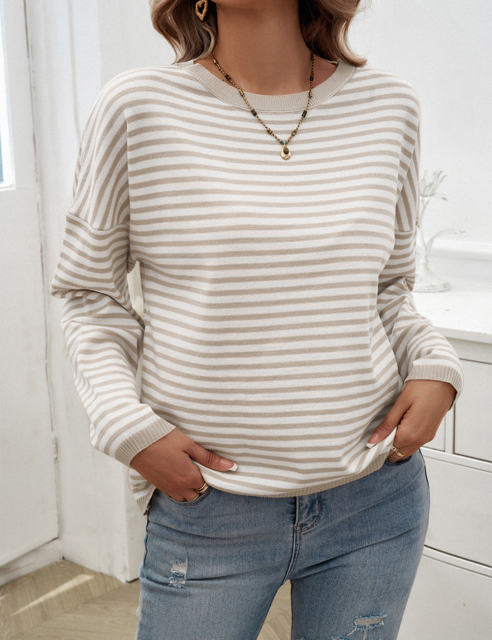 Apricot Striped Crew Neck Drop Shoulder Sweater