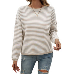 Apricot Striped Crew Neck Drop Shoulder Sweater