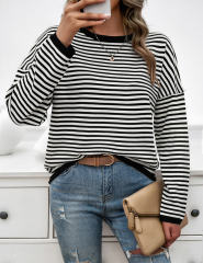 Black Striped Crew Neck Drop Shoulder Sweater