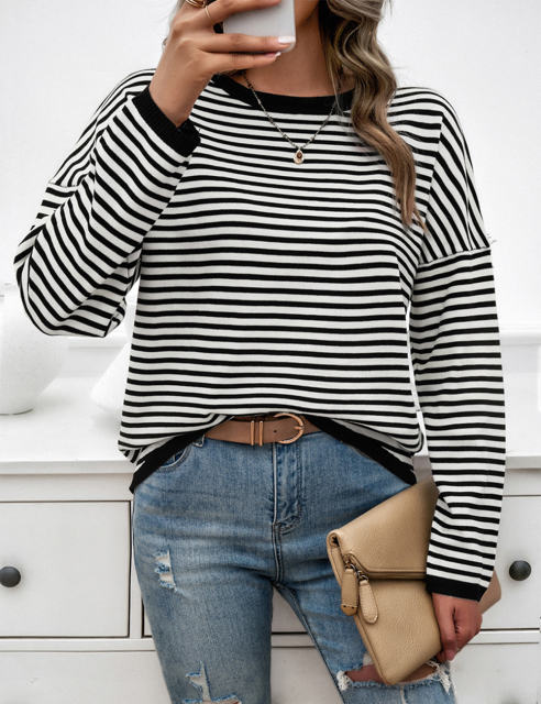 Black Striped Crew Neck Drop Shoulder Sweater