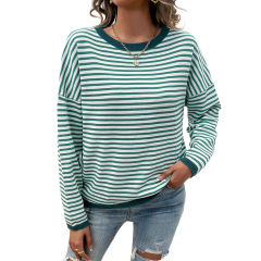 Green Striped Crew Neck Drop Shoulder Sweater