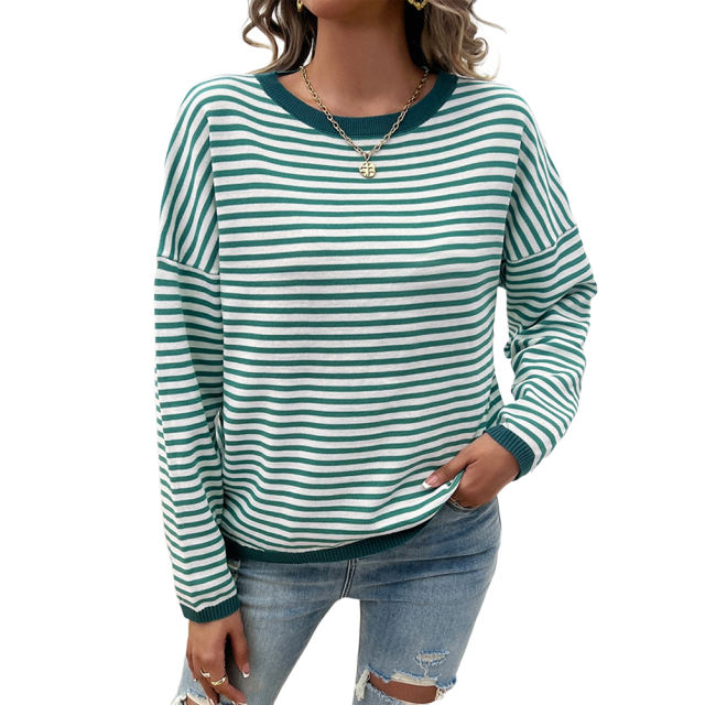 Green Striped Crew Neck Drop Shoulder Sweater