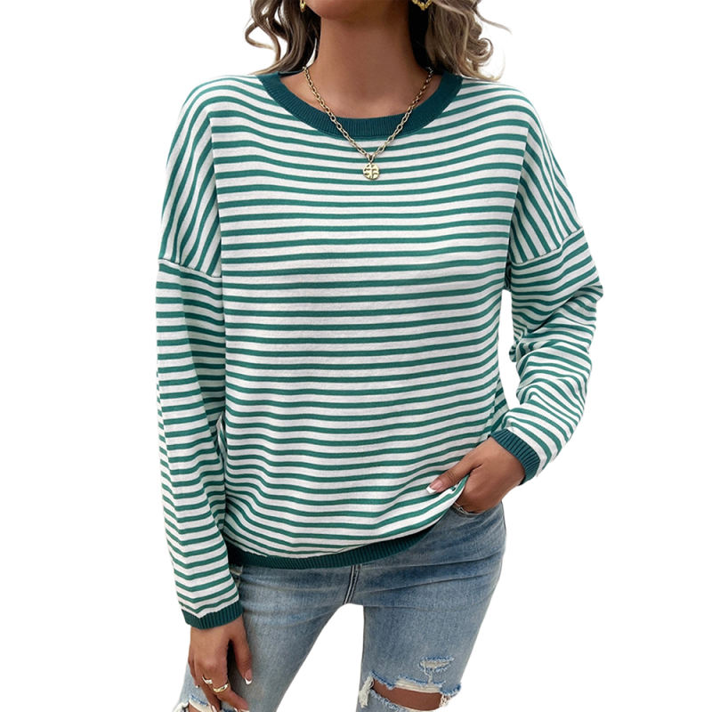 Green Striped Crew Neck Drop Shoulder Sweater