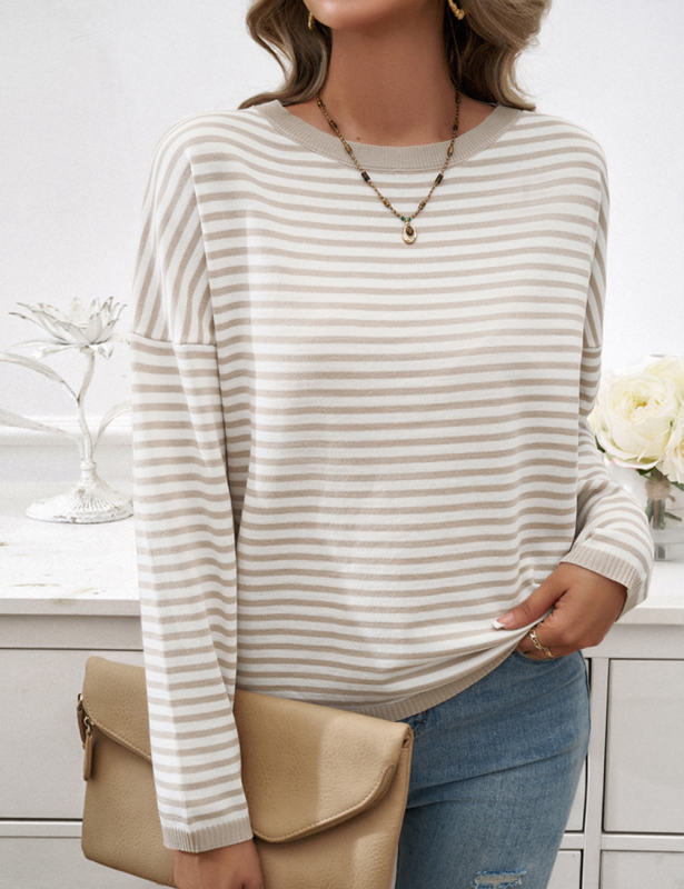 Apricot Striped Crew Neck Drop Shoulder Sweater