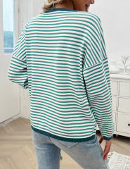 Green Striped Crew Neck Drop Shoulder Sweater