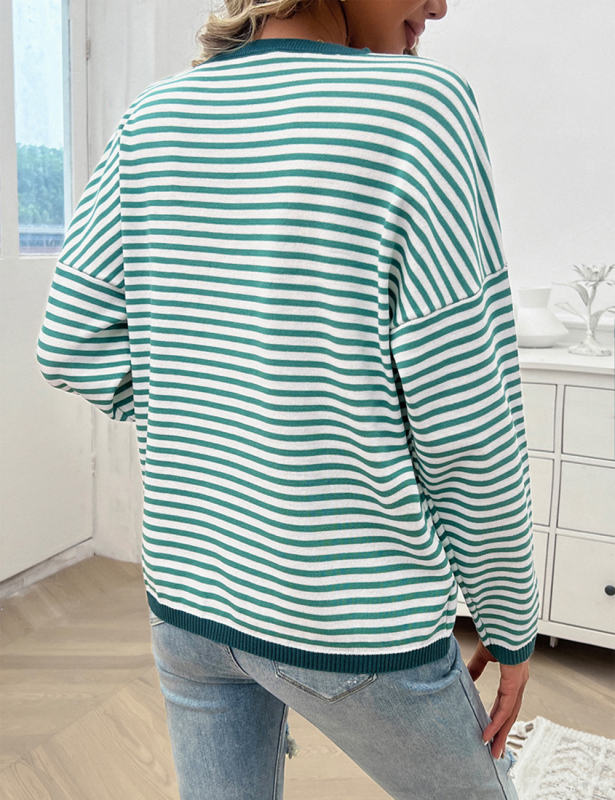 Green Striped Crew Neck Drop Shoulder Sweater