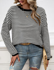 Black Striped Crew Neck Drop Shoulder Sweater