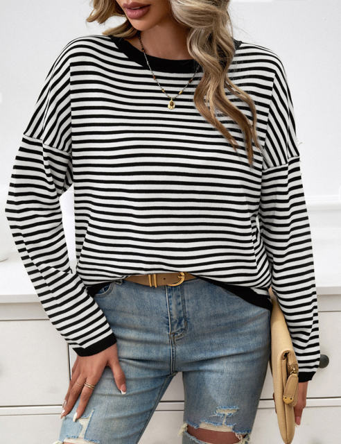Black Striped Crew Neck Drop Shoulder Sweater