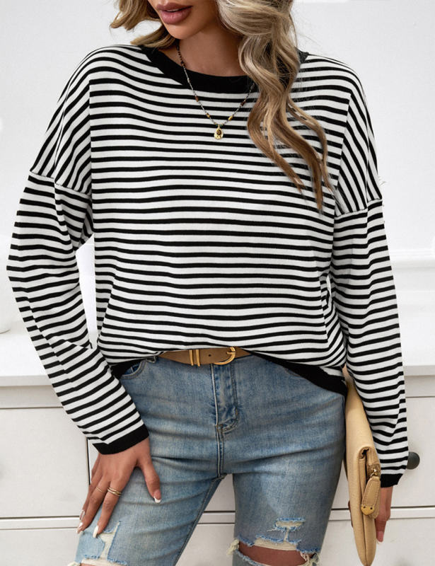 Black Striped Crew Neck Drop Shoulder Sweater