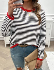 Red Striped Crew Neck Drop Shoulder Sweater