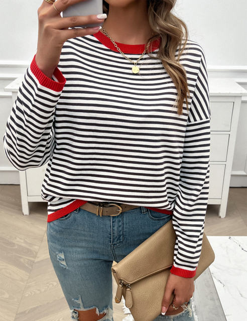 Red Striped Crew Neck Drop Shoulder Sweater