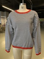 Red Striped Crew Neck Drop Shoulder Sweater