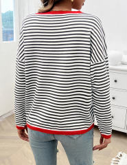 Red Striped Crew Neck Drop Shoulder Sweater