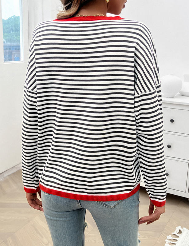 Red Striped Crew Neck Drop Shoulder Sweater