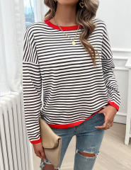 Red Striped Crew Neck Drop Shoulder Sweater