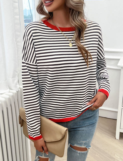 Red Striped Crew Neck Drop Shoulder Sweater