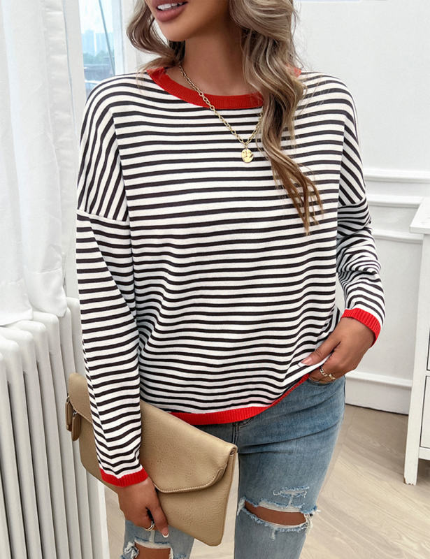 Red Striped Crew Neck Drop Shoulder Sweater