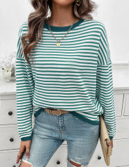 Green Striped Crew Neck Drop Shoulder Sweater