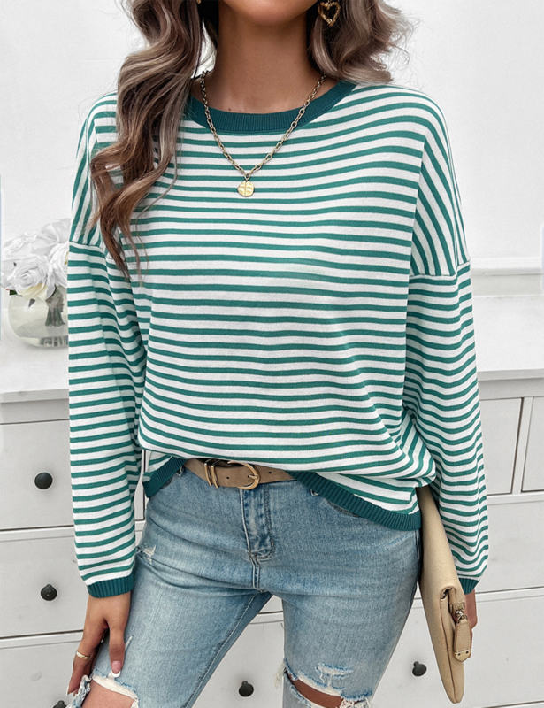 Green Striped Crew Neck Drop Shoulder Sweater