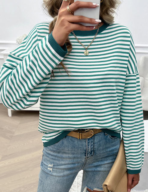 Green Striped Crew Neck Drop Shoulder Sweater