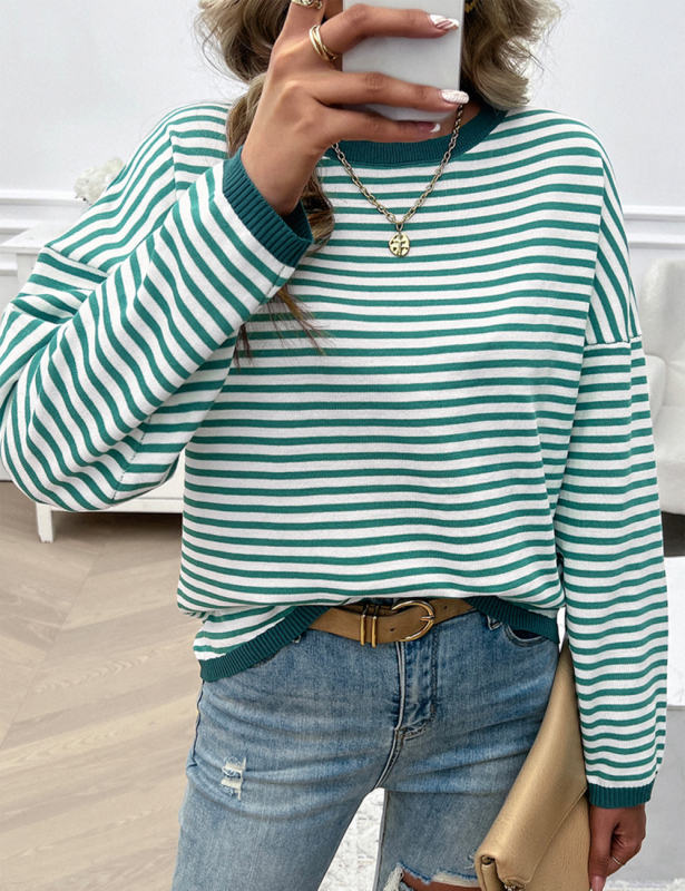 Green Striped Crew Neck Drop Shoulder Sweater