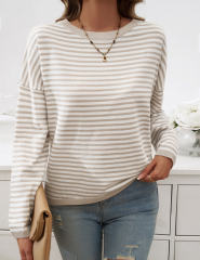 Apricot Striped Crew Neck Drop Shoulder Sweater
