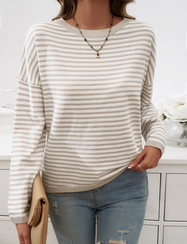 Apricot Striped Crew Neck Drop Shoulder Sweater