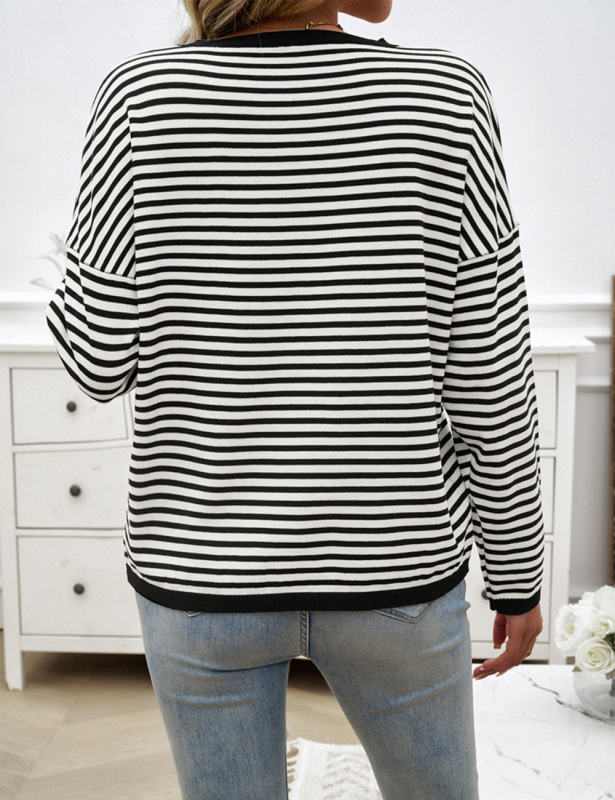 Black Striped Crew Neck Drop Shoulder Sweater
