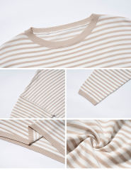 Apricot Striped Crew Neck Drop Shoulder Sweater