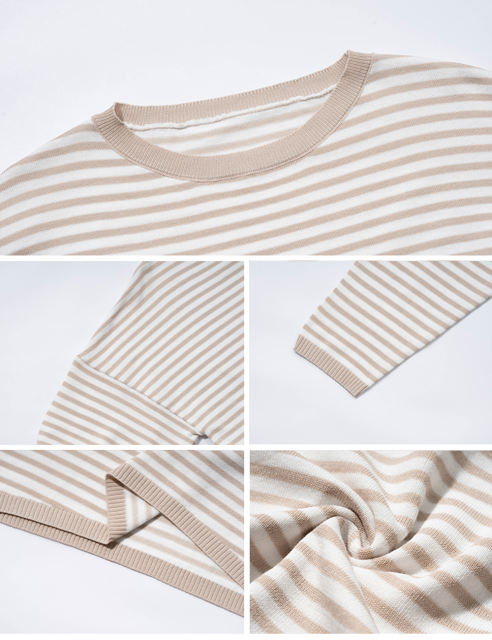 Apricot Striped Crew Neck Drop Shoulder Sweater