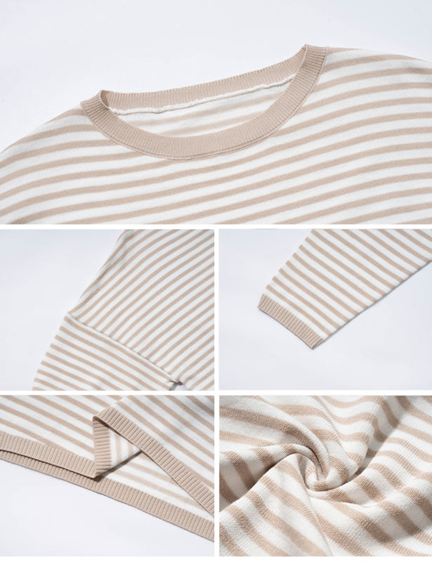 Apricot Striped Crew Neck Drop Shoulder Sweater