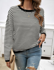 Black Striped Crew Neck Drop Shoulder Sweater