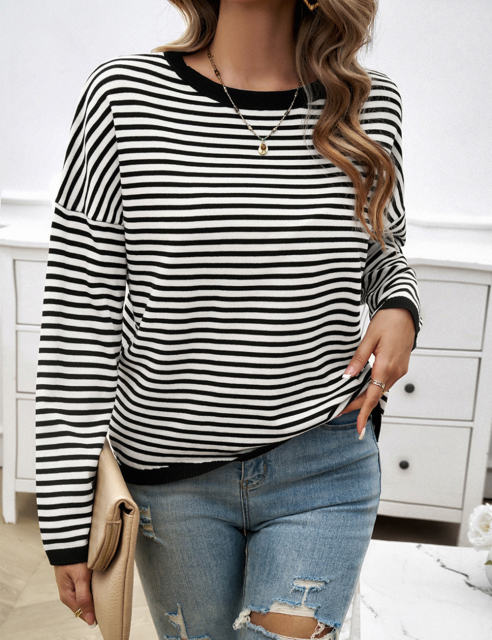 Black Striped Crew Neck Drop Shoulder Sweater