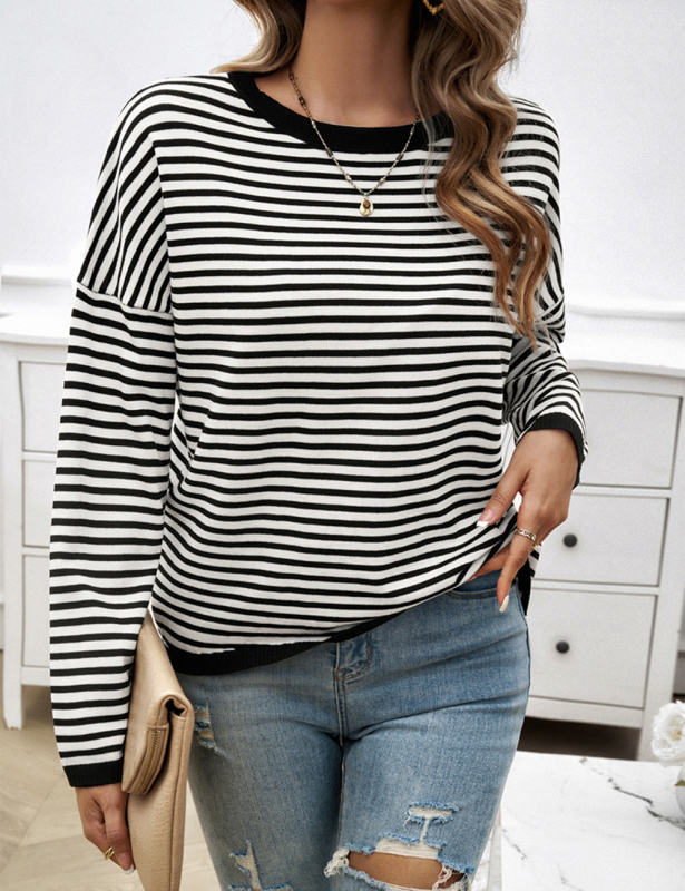 Black Striped Crew Neck Drop Shoulder Sweater