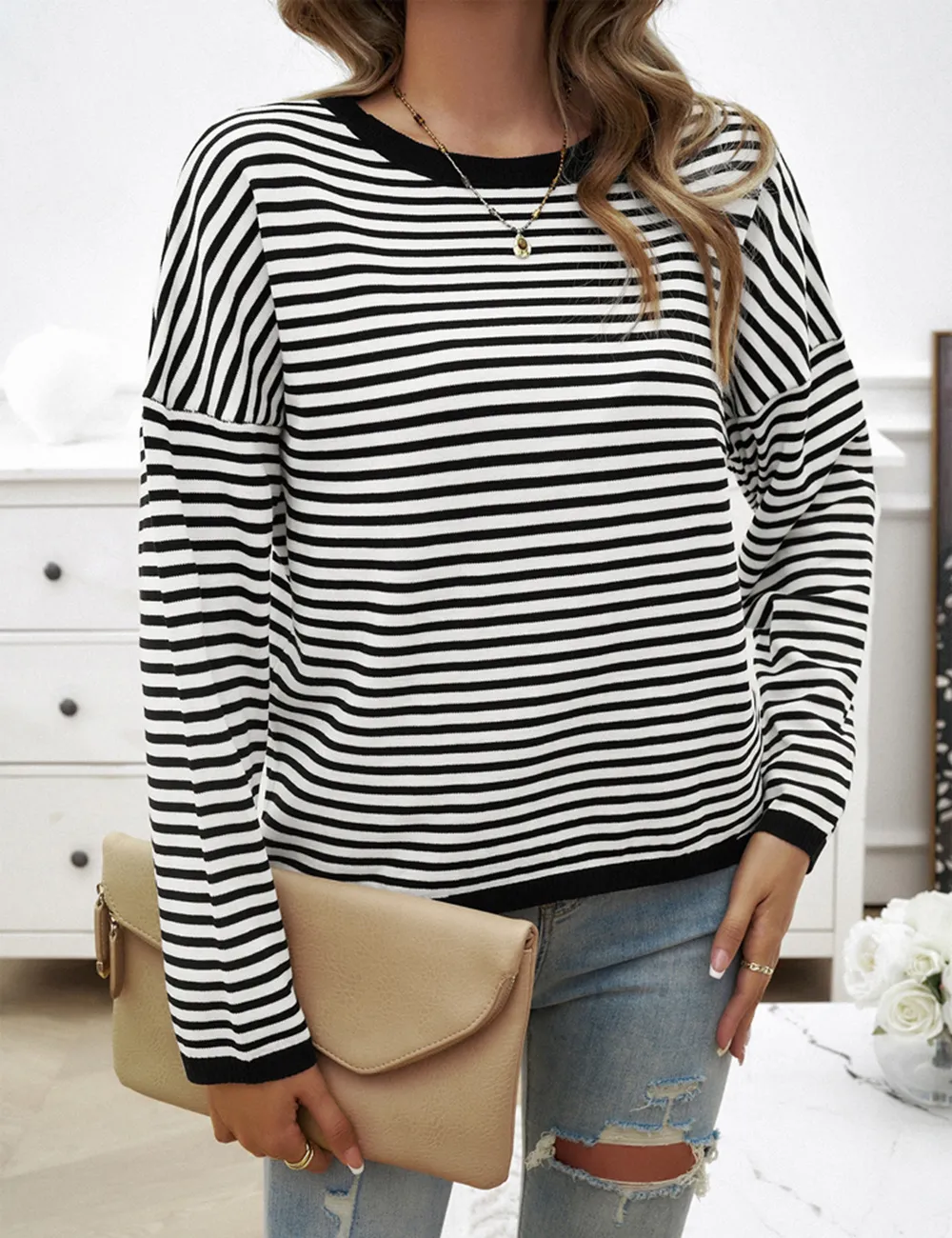 Black Striped Crew Neck Drop Shoulder Sweater