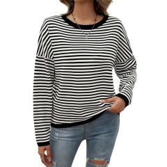 Black Striped Crew Neck Drop Shoulder Sweater