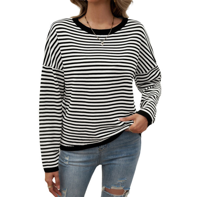Black Striped Crew Neck Drop Shoulder Sweater