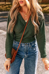 Blackish Green Ribbed Knit Slim Fit Wrap V Neck Bodysuit