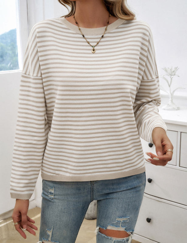 Apricot Striped Crew Neck Drop Shoulder Sweater