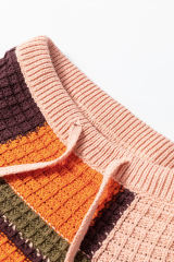Orange Color Block Waffle Knit Drawstring Mock Neck Sweater
