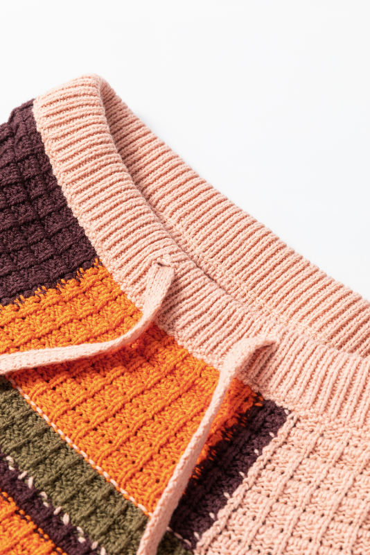 Orange Color Block Waffle Knit Drawstring Mock Neck Sweater