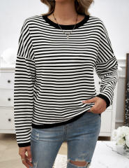 Black Striped Crew Neck Drop Shoulder Sweater