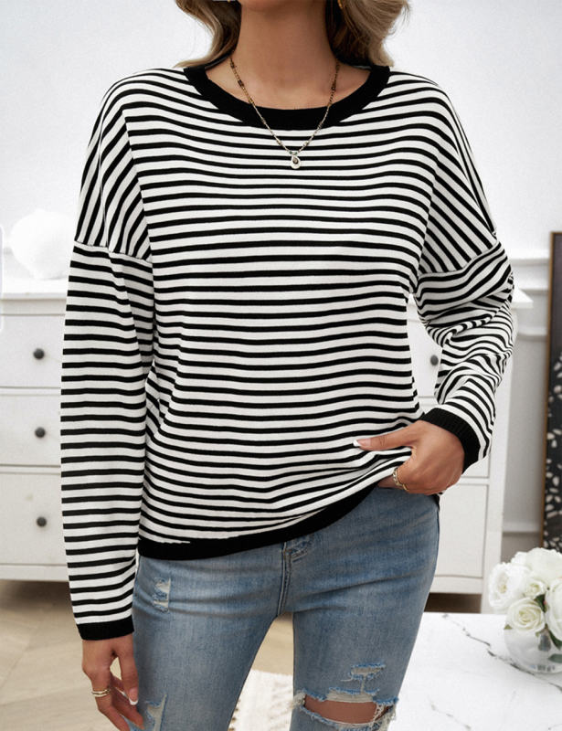 Black Striped Crew Neck Drop Shoulder Sweater