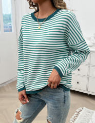 Green Striped Crew Neck Drop Shoulder Sweater