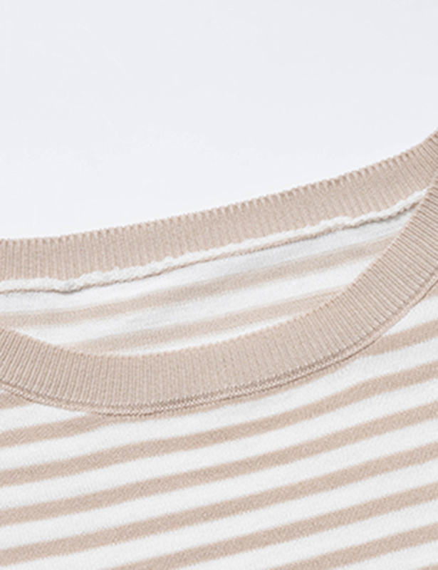 Apricot Striped Crew Neck Drop Shoulder Sweater