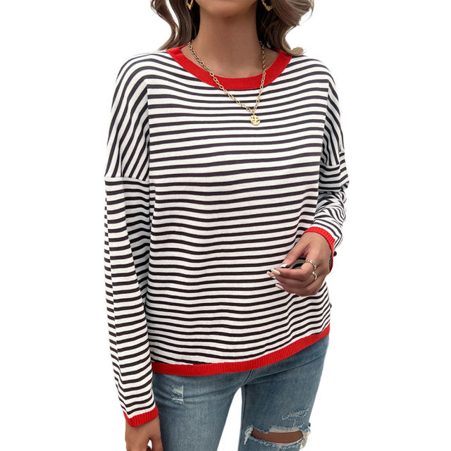 Red Striped Crew Neck Drop Shoulder Sweater