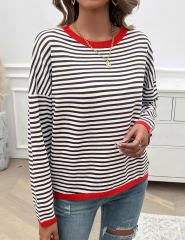 Red Striped Crew Neck Drop Shoulder Sweater